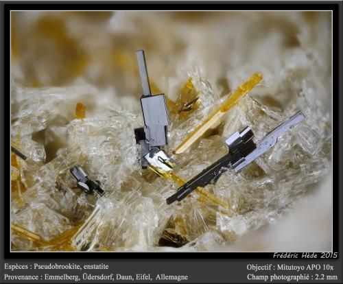 Pseudobrookite and Enstatite<br />Emmelberg, Üdersdorf, Daun, Eifel, Rhineland-Palatinate/Rheinland-Pfalz, Germany<br />fov 2.2 mm<br /> (Author: ploum)