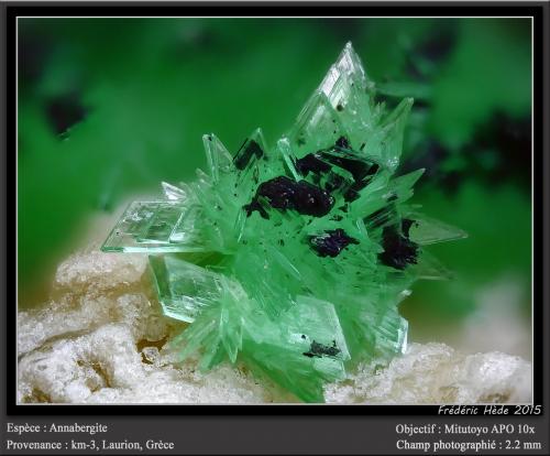 Annabergite<br />Mina Km-3, Lavrion, Distrito minero Lavrion, Prefectura Attikí (Attica), Grecia<br />fov 2.2 mm<br /> (Author: ploum)