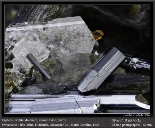 Rutile and Monazite<br />Rist Mine, Hiddenite, Alexander County, North Carolina, USA<br />fov 12 mm<br /> (Author: ploum)