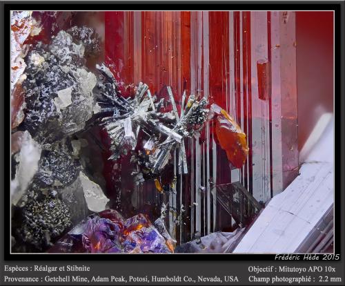 Stibnite on Realgar<br />Getchell Mine, Adam Peak, Potosi District, Osgood Mountains, Humboldt County, Nevada, USA<br />fov 2.2 mm<br /> (Author: ploum)