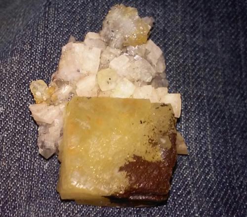 Dolomite, Calcite and iron oxides<br />State Route 1 road cut, Woodbury, Cannon County, Tennessee, USA<br />2 1/2x 1 1/2in.<br /> (Author: jordanlowe1089)