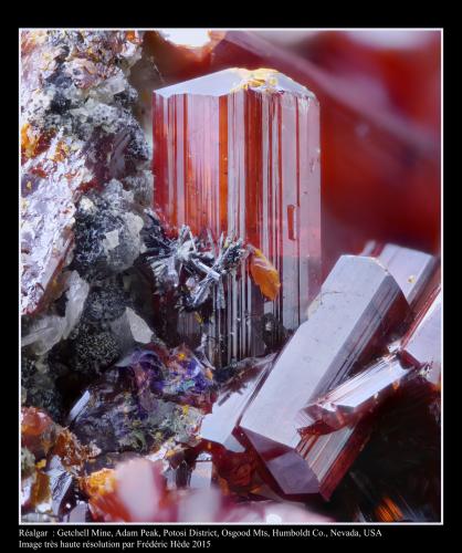 Realgar and Stibnite<br />Getchell Mine, Adam Peak, Potosi District, Osgood Mountains, Humboldt County, Nevada, USA<br />fov 3.5 mm<br /> (Author: ploum)