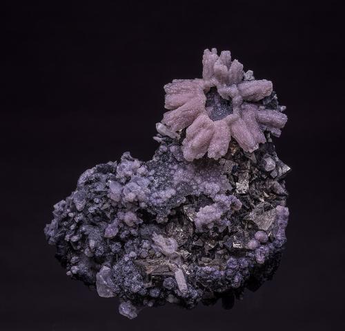 Rhodochrosite, Arsenopyrite, Boulangerite, Quartz<br />Stan Trg (Stari Trg) Mine, Trepča Complex, Trepča Valley, Kosovska Mitrovica, Kosovska Mitrovica District, Kosovo<br />9.0 x 8.5 cm<br /> (Author: am mizunaka)