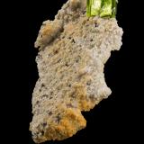 Meta-autunite on 'lepidolite' and Quartz after Spodumene<br />Golconda pegmatite, Governador Valadares, Vale do Rio Doce, Minas Gerais, Brazil<br />6.5 x 4 x 11 cm / main crystal: 2.5 cm.<br /> (Author: MIM Museum)