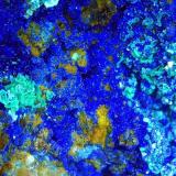 Azurite, Chalcophyllite<br />pania Dolina (Herrengrund), Banská Bystrica, Banská Bystrica Region, Slovak Republic<br />3,5 x 3 cm<br /> (Author: Volkmar Stingl)