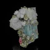 Beryl (variety aquamarine), Rhodochrosite, Apatite, Topaz, Schorl, Albite, Muscovite<br />Gilgit-Baltistan (Northern Areas), Pakistan<br />6.4 x 4.5 cm<br /> (Author: am mizunaka)