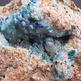 Azurite, Malachite, Chrysocolla, Calcite<br />Ringenwechsel Mining District, Troi, District Schwaz, Inn Valley, North Tyrol, Tyrol/Tirol, Austria<br />FoV 2,5 x 2 cm<br /> (Author: Volkmar Stingl)