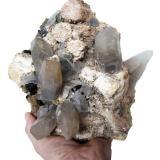 Quartz, Feldspar, Schorl, Muscovite, Fluorite<br />Davib East Farm 61 (Davib Ost Farm), Karibib District, Erongo Region, Namibia<br />Specimen size 26 cm, largest quartz crystals 11 cm<br /> (Author: Tobi)