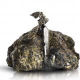 Cabriite on Sperrylite and on Chalcopyrite<br />Oktyabr'skoe deposit, Talnakh, Noril'sk, Putoran Plateau, Taimyr Peninsula, Taymyrskiy Autonomous Okrug, Krasnoyarsk Krai, Russia<br />6 x 4 x 4.5 cm / main crystal: 1.8 cm<br /> (Author: MIM Museum)