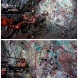 DRILLING UNDERGROUND 

In underground mines like Milpillas, specialized long-hole drill equipment was paramount for preparing rock for blasting. These powerful drills created deep, precise boreholes into which explosives were loaded. This allowed for controlled detonation, breaking up the ore body into manageable sizes for extraction, a crucial step in the mine’s production cycle.

On a daily basis, miners navigated a subterranean world where the primary target was high-grade Chalcocite, a crucial Copper sulfide ore found within the mine’s extensive enriched blankets. However, earlier operations, before the sulphide zone was reached, brought them face-to-face with a stunning array of secondary Copper minerals, particularly prevalent in the shallower, oxidized zones of the deposit. These encounters routinely included the visually striking blue Azurite and its verdant counterpart, Malachite, which often display intricate intergrowths or even pseudomorphic transformations. Furthermore, the miners commonly observed the lustrous red Cuprite and deposits of glimmering native Copper. While less frequent, other notable green Copper minerals such as Brochantite and the distinctive blue-green Chrysocolla might also be present, alongside occasional rare silicates, painting a vivid picture of the mine’s diverse mineral composition. The mine was well-known for producing exceptionally well-crystallized Volborthite, a rare Copper poly-vanadate, sometimes found on a matrix of Dickite or associated with Azurite and Malachite.
The photographs also highlight the relative scarcity of significant ‘collector-quality’ mineralized pockets conducive to specimen collecting. The Milpillas Mine, despite its economic prowess as a Copper producer, wasn’t uniformly “mineralogically rich” in the way some mineral collectors often dream. While extensive zones yielded abundant Copper ore, the frequent discovery of collector-quality Azurite and Malachite vugs, brimming with “splendent” crystals, was not an everyday occurrence. Like many commercial mining operations, Milpillas had its hot spots; certain areas provided significant quantities of high-grade Copper ore for the electrolytic plant, while others, some distinct from the primary ore body, provided treasure troves for exceptional mineral specimens. This dichotomy is a common reality in the world of mineral collecting, where the pursuit of stunning crystals often means sifting through vast amounts of economically viable yet aesthetically uninteresting ore.

When routine mining operations intersected mineralized veins and vugs, some large, containing exceptional Azurite and Malachite crystals, these occurrences were opportunistically exploited by ‘some workers’ as a means of illicit income supplementation. Penoles, the owners and operators of the mine, actively discouraged such unauthorized extraction, enforcing a strict policy of dismissal and potential criminal prosecution for apprehended individuals. Furthermore, any worker implicated in such illicit activities faced industry-wide blacklisting, effectively precluding future employment within the mining sector. 

Initially, the value of these surreptitiously acquired specimens was nominal, commanding only a few pesos. However, the Internet facilitated a rapid increase in market awareness among the miners, who quickly discerned the substantial value placed on these “colored rocks” by International, particularly North American, dealers and collectors.

A NOTE ON “THIS-OR-THAT POCKET” NOMENCLATURE

The use of the term “pocket” to describe certain Milpillas mineral specimens, particularly in reference to their extraction point, transcends simple geographical identification. These labels, rather than being intrinsic descriptors understood by those who extracted the specimens, were often marketing tools designed to imbue the minerals with a specific allure. Those intimately familiar with the mine’s day-to-day operations understood that such terms were colloquialisms, not reflections of actual geological structures or mining methodology.

While official company documents certainly highlighted and celebrated areas with significant mineralization — often featuring stunning, perfectly formed crystals of Azurite, Malachite, and other Copper minerals — they deliberately avoided calling these spots “pockets.” Instead, they used more formal geological terms. Their descriptions focused on the geological structures controlling the mineralization, the types of rocks surrounding the minerals, and their exact mineral makeup. This intentional choice of language pointed to a clear difference between the casual, on-the-ground language used by some of the mine workers who opportunistically and illegally exploited the mineralized zones for personal profit and the precise, scientific terminology preferred in corporate and geological reports. It was likely an effort to keep all official communications consistent and scientifically accurate, ensuring a formal narrative throughout.

Original photos courtesy of Gonzáléz Sánchez (Author: silvia)