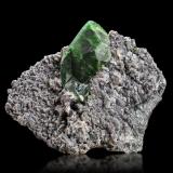 Titanite (variety chromium-bearing titanite) on Chromite with Clinochlore and CalciteSaranovskii Mine, Saranovskaya (Sarany), Gornozavodskii, Perm Krai, Ural, Russia11 x 6 x 9.5 cm / main crystal: 5.8 cm. (Author: MIM Museum)