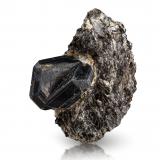 Sapphirine on Anorthite and Mica (Group) and Sillimanite<br />Vangaindrano pegmatites, Vangaindrano District, Atsimo-Atsinanana Region, Madagascar<br />5 x 2.5 x 5.5 cm / main crystal: 2.4 cm.<br /> (Author: MIM Museum)