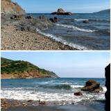 OUTCROP AND BLACK BEACH SANDS

Just 50 metres from Spiaggia di Terranera, a prominent outcrop, captured in the top photograph, juts dramatically into the Tyrrhenian Sea. This geological sentinel is composed of Calamita Schists, ancient rocks forged from deep-sea sediments laid down over 300 million years ago. Their dark, layered structure is intricately crisscrossed by pale veins of leucogranite, creating a stunning natural tapestry.

As seen in the bottom photo, this mineral-rich geology is the source of the coastline&rsquo;s famed feature: the iconic black sand. Glittering with Hematite and other Iron minerals, the beach is a direct legacy of the area&rsquo;s mining past, poignantly marked by the colossal man-made block, a stark remnant of the former Capo Bianco mining site. (Author: silvia)