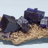 Fluorita con Esfalerita y CalcitaMina Denton, formación Sub-Rosiclare, Grupo Goose Creek Mine, Sub-Distrito Harris Creek, Condado Hardin, Illinois, USA6.8 × 2.7 × 2.4 cm / cristal principal: 1.8 × 1.2 cm (Autor: Jordi Fabre)