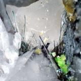 Bismutinita, Moscovita, Cuarzo<br />Grupo Minero San Nicolás (Mina San Nicolás), Valle de la Serena, Comarca La Serena, Badajoz, Extremadura, España<br />Campo de visión 2 cm.<br /> (Autor: Antonio P. López)