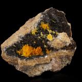 Boltwoodite with Calcite<br />Rössing Mine, Arandis, Swakopmund District, Erongo Region, Namibia<br />8,5	x	6,0	x	5,5	cm<br /> (Author: MIM Museum)