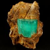 Beryl (variety emerald), Quartz<br />Gachalá mining district,  El Toro Mine, Municipio Gachalá, Eastern Emerald Belt, Cundinamarca Department, Colombia<br />37x48x41mm, xl=17x20mm<br /> (Author: Fiebre Verde)