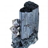 Bournonite, Scheelite<br />Yaogangxian Mine, Yizhang, Chenzhou Prefecture, Hunan Province, China<br />37mm x 21mm. Bournonite crystal: 33.0mm tall, 18.5mm wide. Major scheelite crystal: 7mm tall<br /> (Author: Carles Millan)