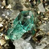 Beryl (variety emerald), Calcite, Pyrite<br />Chivor mining district, El Acuario Mine, Municipio Chivor, Eastern Emerald Belt, Boyacá Department, Colombia<br />33x41x21mm, xl=8mm<br /> (Author: Fiebre Verde)