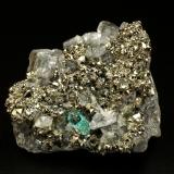 Beryl (variety emerald), Calcite, Pyrite<br />Chivor mining district, El Acuario Mine, Municipio Chivor, Eastern Emerald Belt, Boyacá Department, Colombia<br />33x41x21mm, xl=8mm<br /> (Author: Fiebre Verde)