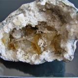 Celestine and minor Calcite on Quartz<br />Lehigh Portland Cement Co. Quarry, Mitchell, Lawrence County, Indiana, USA<br />geode is 6.5 cm and the celestine is 2.5 cm<br /> (Author: Bob Harman)