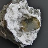 Celestine on Quartz<br />Hoosier Stone Company Salem (Salem Quarry), Salem,  Washington County, Indiana, USA<br />geode is 6.0 cm and the celestine is 3.0 cm<br /> (Author: Bob Harman)