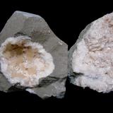 Dolomite and Calcite on Dolomite<br />Corydon Stone Co. Quarry, Corydon, Harrison County, Indiana, USA<br />Calcites 1.5 cm, The larger example is 15 cm across<br /> (Author: Bob Harman)