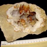 Dolomite on Quartz<br />State Route 56 road cut, Canton, Washington County, Indiana, USA<br />Geode cavity is about 11 cm.<br /> (Author: Bob Harman)