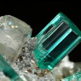 Beryl (variety emerald), Albite (variety cleavelandite), Dolomite, Pyrite<br />Chivor mining district, Manantial Mine, Municipio Chivor, Eastern Emerald Belt, Boyacá Department, Colombia<br />32mm across, main xl=9mm<br /> (Author: Fiebre Verde)