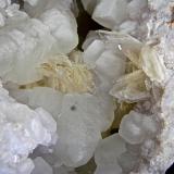 Calcite and Barite on QuartzMonroe Reservoir spillway, Monroe County, Indiana, USAcalcites up to 4.0 cm, barite up to 2.5 cm (Author: Bob Harman)