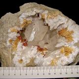 Calcite with Marcasite inclusions on Dolomite and Quartz<br />State Route 37 road cuts, Harrodsburg, Clear Creek Township, Monroe County, Indiana, USA<br />geode is about 14 cm,  cavity is about 10 cm, largest calcite is about 4.5 cm<br /> (Author: Bob Harman)