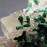 Malachite on Calcite<br />Tsumeb Mine, Tsumeb, Otjikoto Region, Namibia<br />35x35x15mm<br /> (Author: Heimo Hellwig)