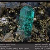 Beryl (variety emerald) with Pyrite and Dolomite<br />Chivor mining district, El Acuario Mine, Municipio Chivor, Eastern Emerald Belt, Boyacá Department, Colombia<br />fov 12 mm<br /> (Author: ploum)