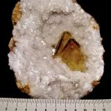 Barite on Quartz<br />State Route 37 road cuts, Harrodsburg, Clear Creek Township, Monroe County, Indiana, USA<br />specimen is 11 cm, barites are 3.8 cm<br /> (Author: Bob Harman)