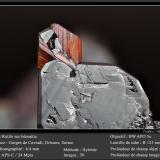 Rutile on Hematite<br />Cavradi, Curnera Valley, Tujetsch (Tavetsch), Vorderrhein Valley, Grischun (Grisons; Graubünden), Switzerland<br />fov 6 mm<br /> (Author: ploum)