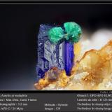 Malachite on Azurite<br />Mas Dieu, Mercoirol, Alès, Gard, Occitanie, France<br />fov 3.2 mm<br /> (Author: ploum)