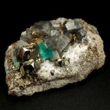 Beryl (variety emerald), Albite (variety cleavelandite), Pyrite, Calcite<br />Chivor mining district, Municipio Chivor, Eastern Emerald Belt, Boyacá Department, Colombia<br />47x16x29mm, xl=4mm<br /> (Author: Fiebre Verde)