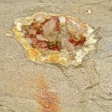 Calcite on Dolomite<br />State Route 56 road cut, Canton, Washington County, Indiana, USA<br />geode is 18+ cm, the largest calcites might be 6 - 7 cm<br /> (Author: Bob Harman)