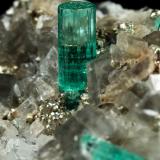 Beryl (variety emerald), Albite (variety cleavelandite), Pyrite, Calcite<br />Chivor mining district, Manantial Mine, Municipio Chivor, Eastern Emerald Belt, Boyacá Department, Colombia<br />44x23x24mm, main xl=8mm<br /> (Author: Fiebre Verde)