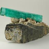 Beryl (variety emerald), Albite (variety cleavelandite), Pyrite<br />Chivor mining district, Palo Arañado Mine, Municipio Chivor, Eastern Emerald Belt, Boyacá Department, Colombia<br />crystal=45mm<br /> (Author: Fiebre Verde)