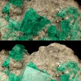 Beryl (variety emerald), Calcite, Muscovite<br />La Pita mining district, Cunas Mine, Municipio Maripí, Western Emerald Belt, Boyacá Department, Colombia<br />40x63x47mm, largest xl=14x11mm<br /> (Author: Fiebre Verde)