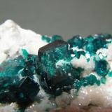 Dioptase on CalciteTsumeb Mine, Tsumeb, Otjikoto Region, Namibia60mm x 29mm x 25mm (Author: Heimo Hellwig)