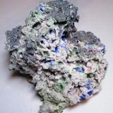 Azurite, Duftite, Mottramite, Calcite etc.<br />Tsumeb Mine, Tsumeb, Otjikoto Region, Namibia<br />155mm x 120mm x 100mm<br /> (Author: Heimo Hellwig)