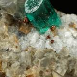 Beryl (variety emerald), Albite (variety cleavelandite), Calcite, Pyrite<br />Chivor mining district, Municipio Chivor, Eastern Emerald Belt, Boyacá Department, Colombia<br />51x18x21mm, xl=5mm<br /> (Author: Fiebre Verde)