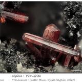 Proustite<br />Imiter Mine, Jebel Saghro, Imiter District, Tinghir Province, Drâa-Tafilalet Region, Morocco<br />fov 3.5 mm<br /> (Author: ploum)