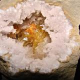 Baryte, Dolomite, and Calcite on Quartz<br />Monroe County, Indiana, USA<br />geode is 9.5 cm<br /> (Author: Bob Harman)