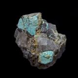 Turquoise after Beryl, QuartzApache Mine, Turquoise Mountain, Halloran Springs District, San Bernardino County, California, USA1.8 x 2.2 cm (Author: am mizunaka)