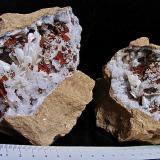 Aragonite on QuartzCondado Monroe, Indiana, USAthe diverging aragonite sprays are 2 cm - 3 cm. (Author: Bob Harman)