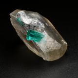 Beryl (variety emerald), Calcite<br />La Pita mining district, Cunas Mine, Municipio Maripí, Western Emerald Belt, Boyacá Department, Colombia<br />33x26x18mm (calcite xl), xls=8.5 & 4mm<br /> (Author: Fiebre Verde)