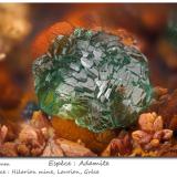 Adamite<br />Hilarion Mine, Hilarion area, Kamariza Mines, Agios Konstantinos, Lavrion Mining District, Attikí (Attica) Prefecture, Greece<br />fov 2.3 mm<br /> (Author: ploum)